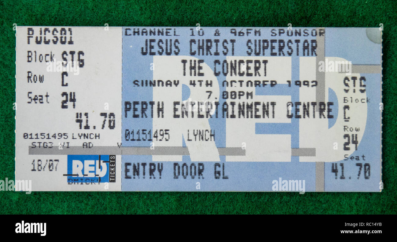 Ticket for Jesus Christ Superstar concert at Perth Entertainment Centre in 1992 WA Australia. Stock Photo