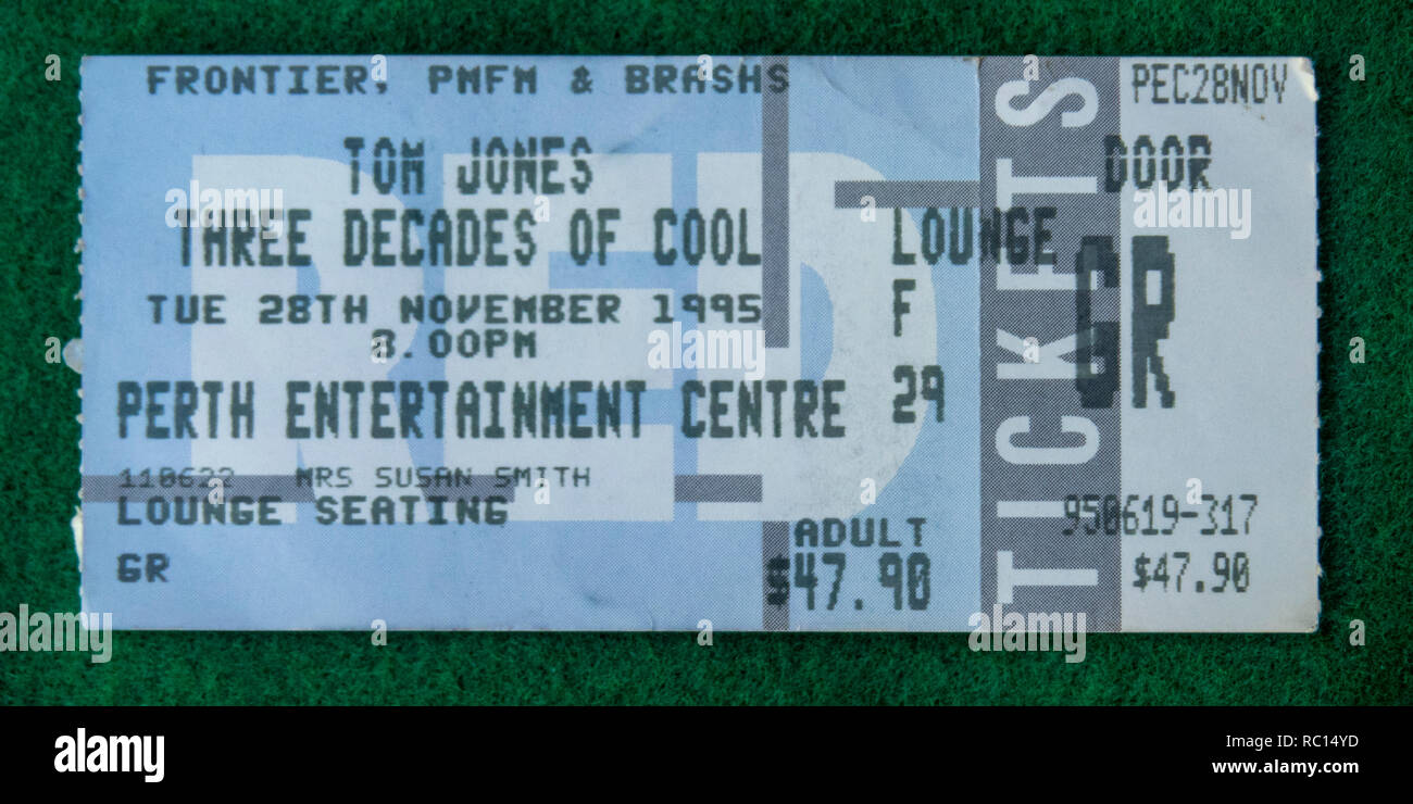 Ticket for Tom Jones concert at Perth Entertainment Centre in1995  WA Australia. Stock Photo