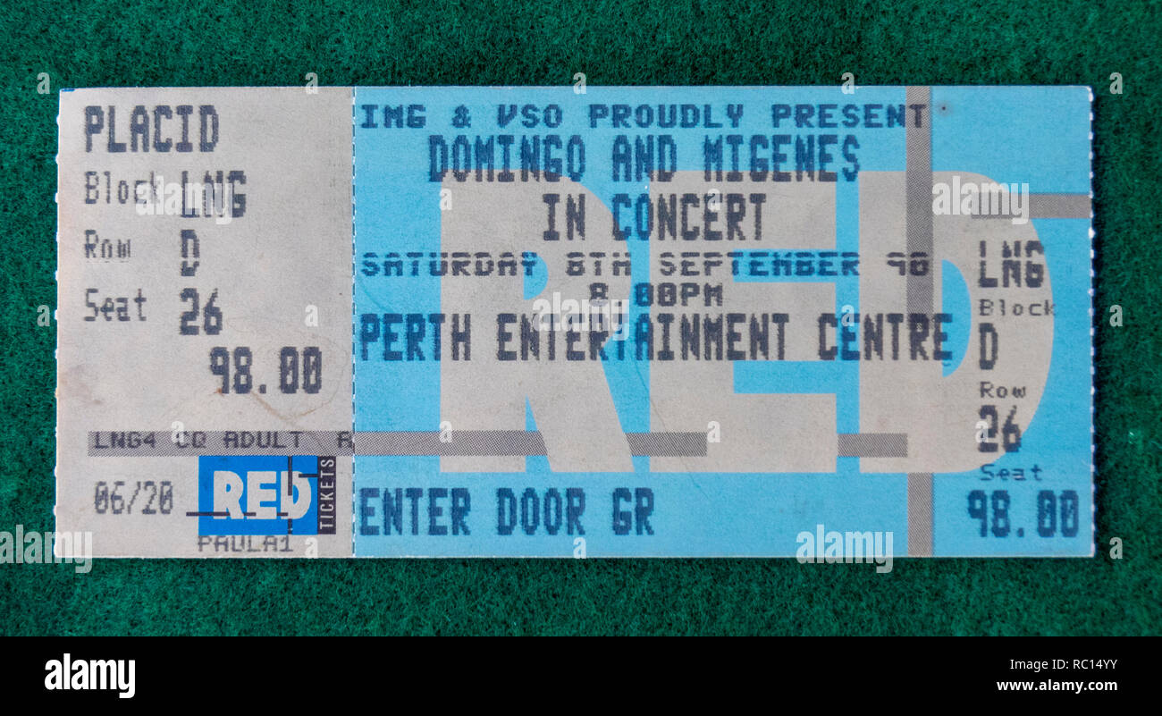 Ticket for Placido Domingo and Julia Migenes concert at Perth Entertainment Centre in 1990 WA Australia. Stock Photo