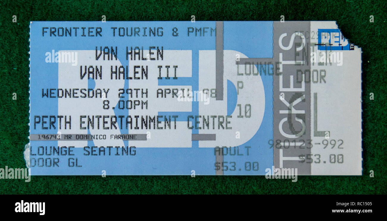 Ticket for Van Halen concert at Perth Entertainment Centre in 1998 WA Australia. Stock Photo