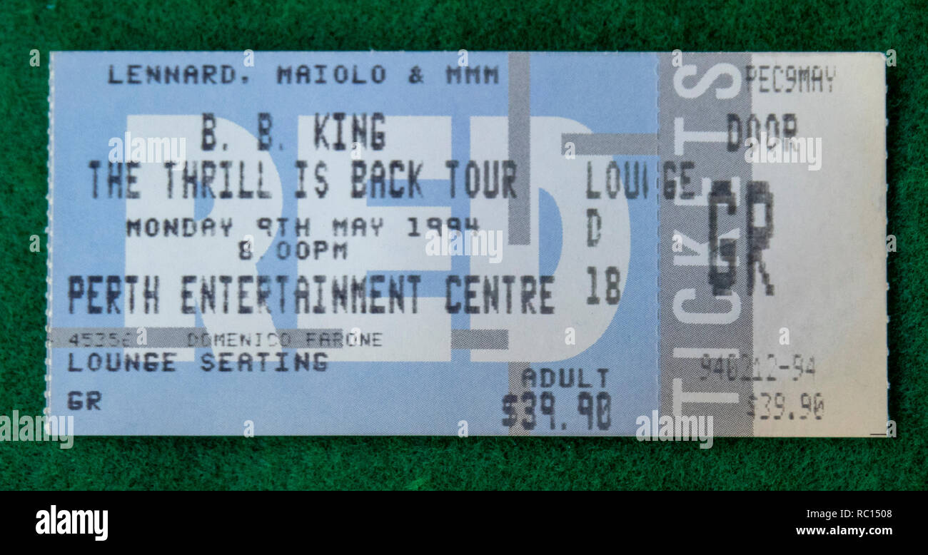 Ticket for BB King concert at Perth Entertainment Centre in 1994 WA Australia. Stock Photo