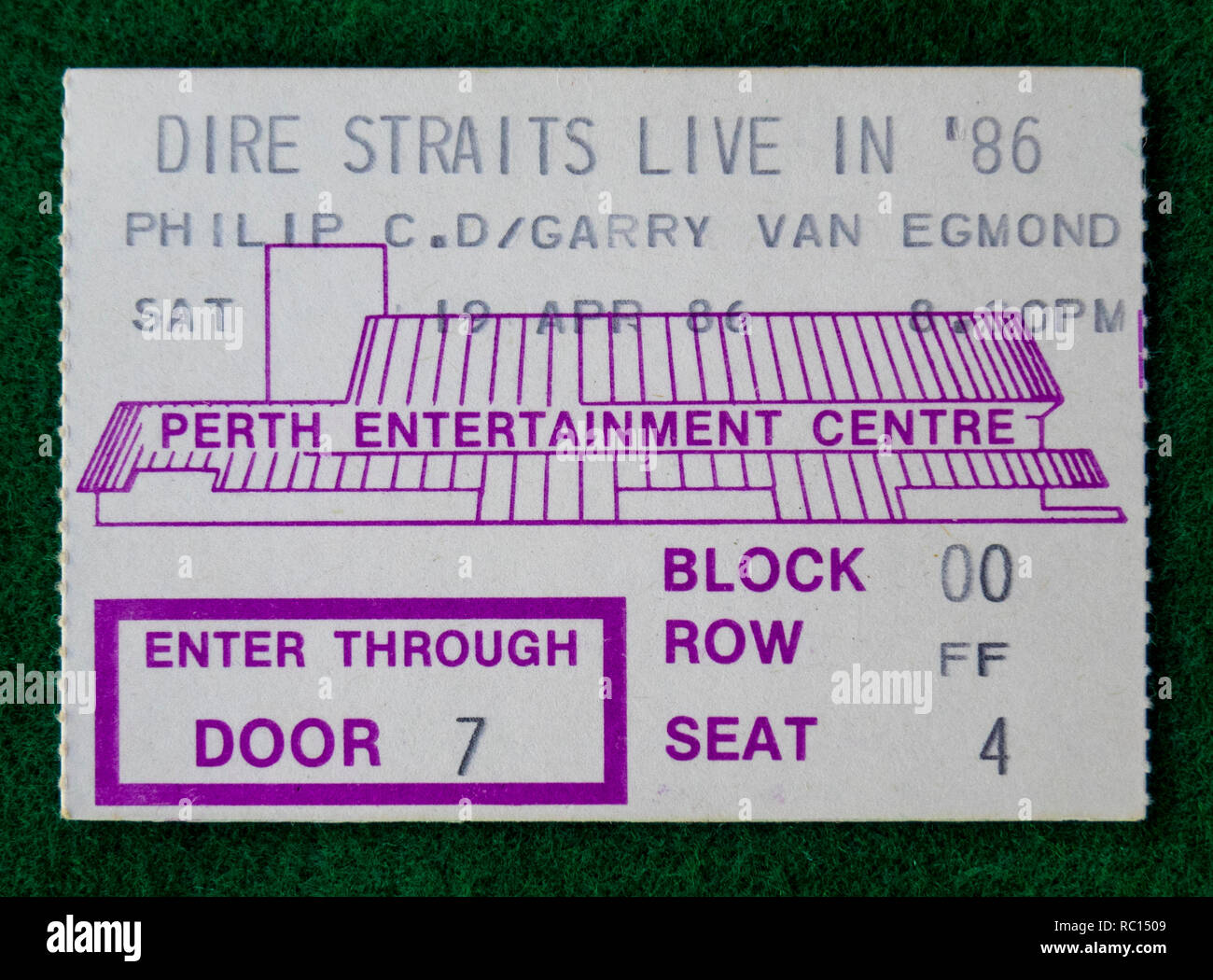 Ticket for Dire Straits concert at Perth Entertainment Centre in 1986 WA Australia. Stock Photo