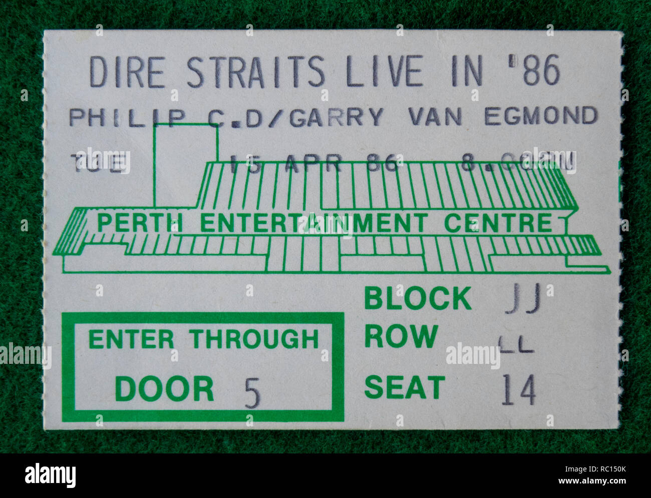 Ticket for Dire Straits concert at Perth Entertainment Centre in 1986 WA Australia. Stock Photo
