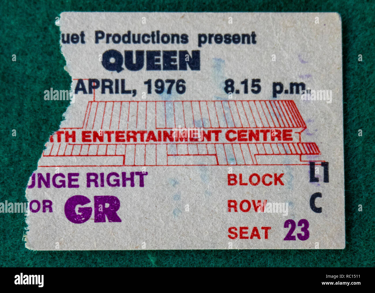 Ticket for Queen with Freddie Mercury concert at Perth Entertainment Centre in 1976 WA Australia. Stock Photo