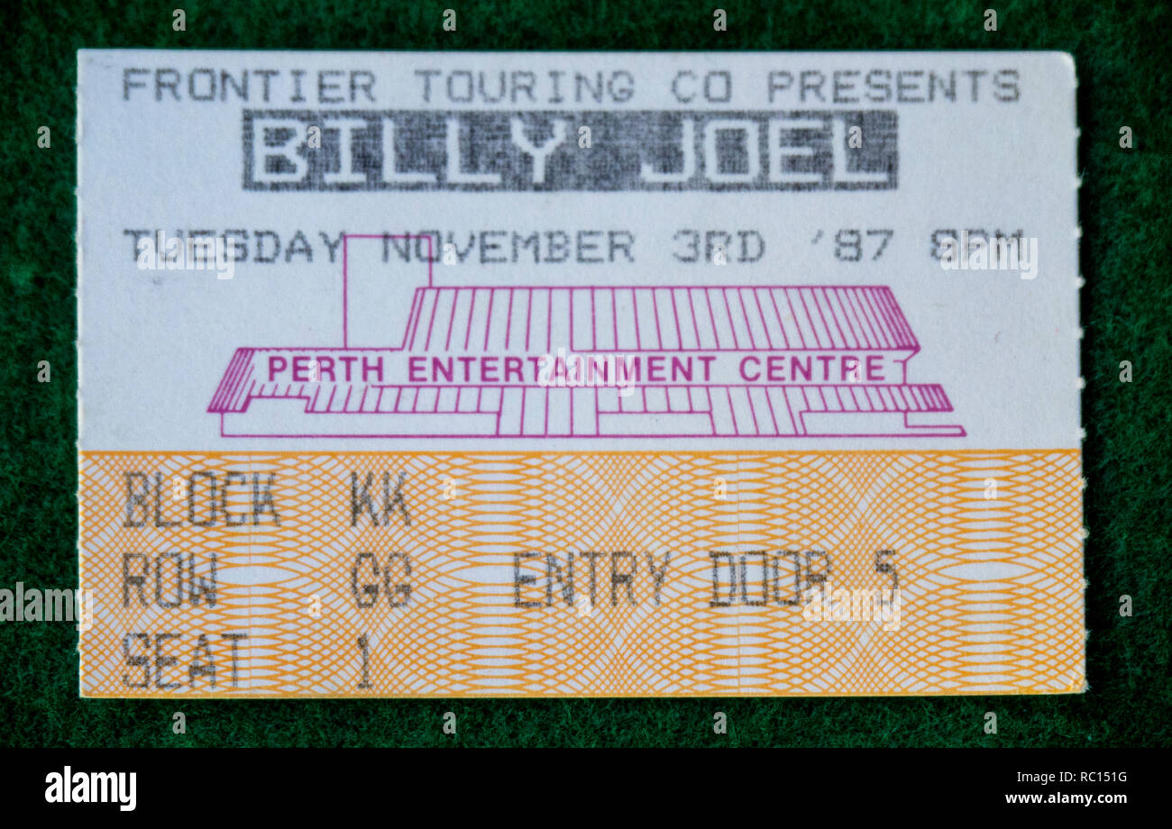 Ticket for Billy Joel concert at Perth Entertainment Centre in 1987 WA Australia. Stock Photo