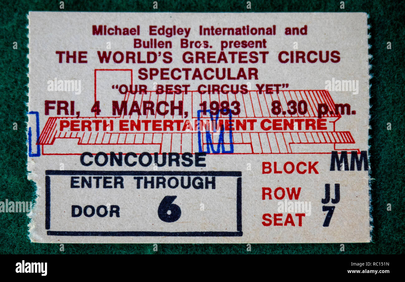 Ticket for Bullen Brothers World's Greatest Circus Spectacular at Perth Entertainment Centre in 1983 WA Australia. Stock Photo