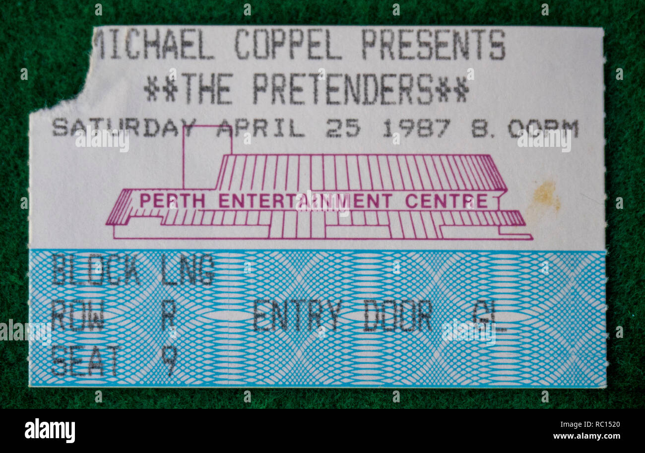 Ticket for The Pretenders concert at Perth Entertainment Centre in 1987 WA Australia. Stock Photo