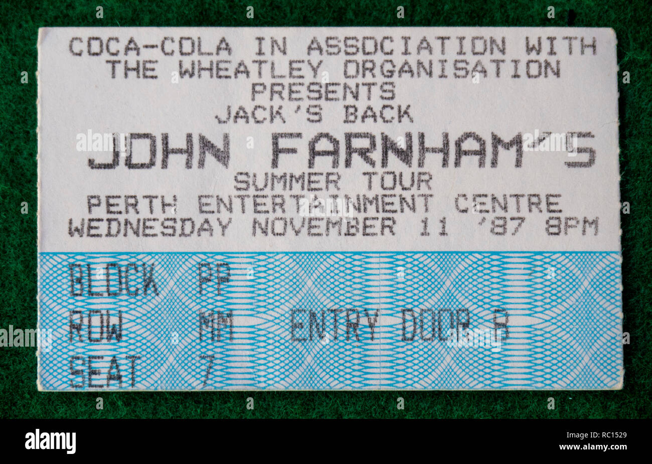 Ticket for John Farnham concert at Perth Entertainment Centre in 1987 A Australia. Stock Photo