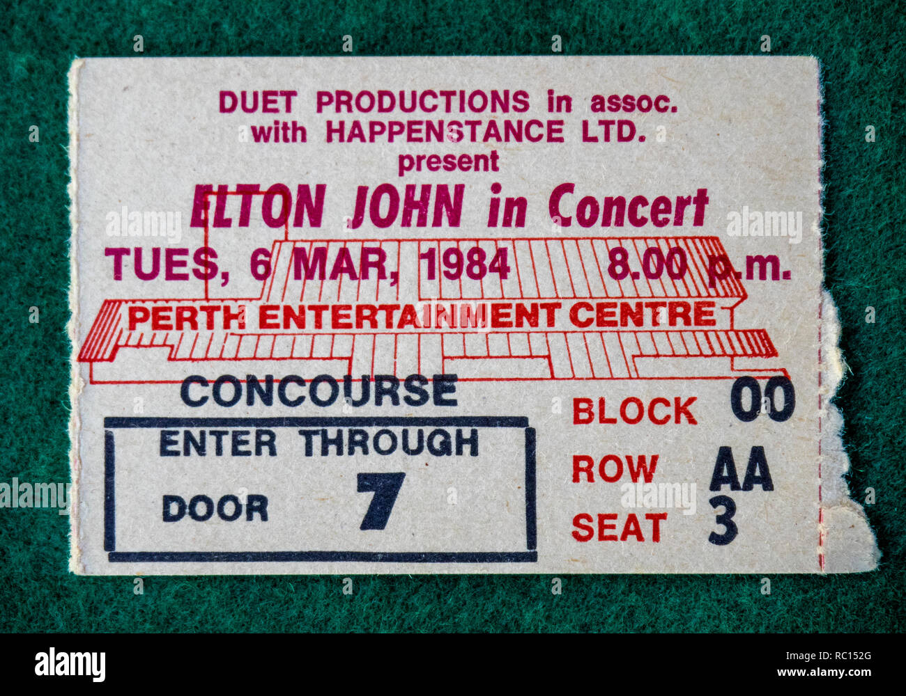 Ticket for Elton John concert at Perth Entertainment Centre in 1984 WA Australia. Stock Photo