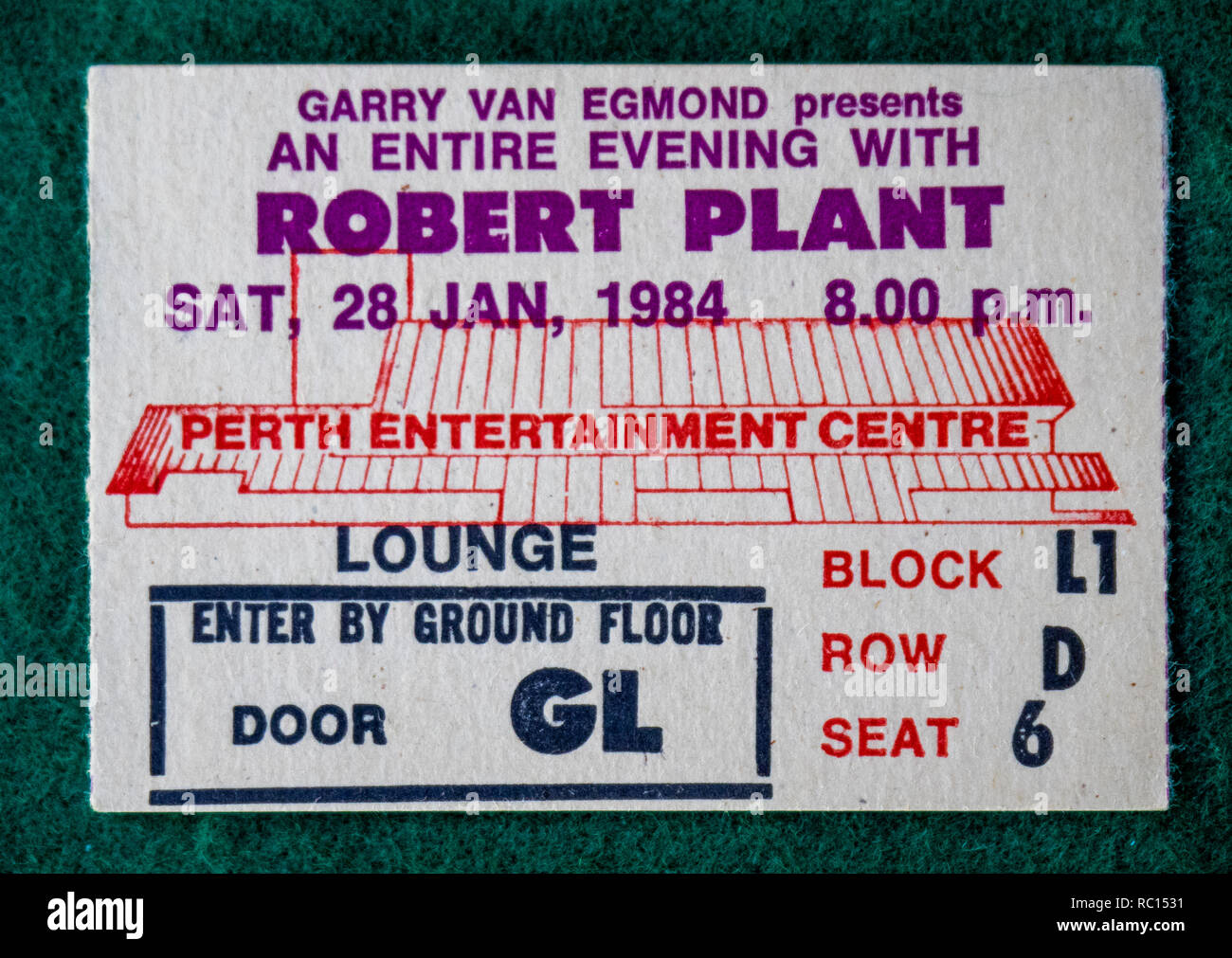 Ticket for Robert Plant concert at Perth Entertainment Centre in 1984 WA Australia. Stock Photo