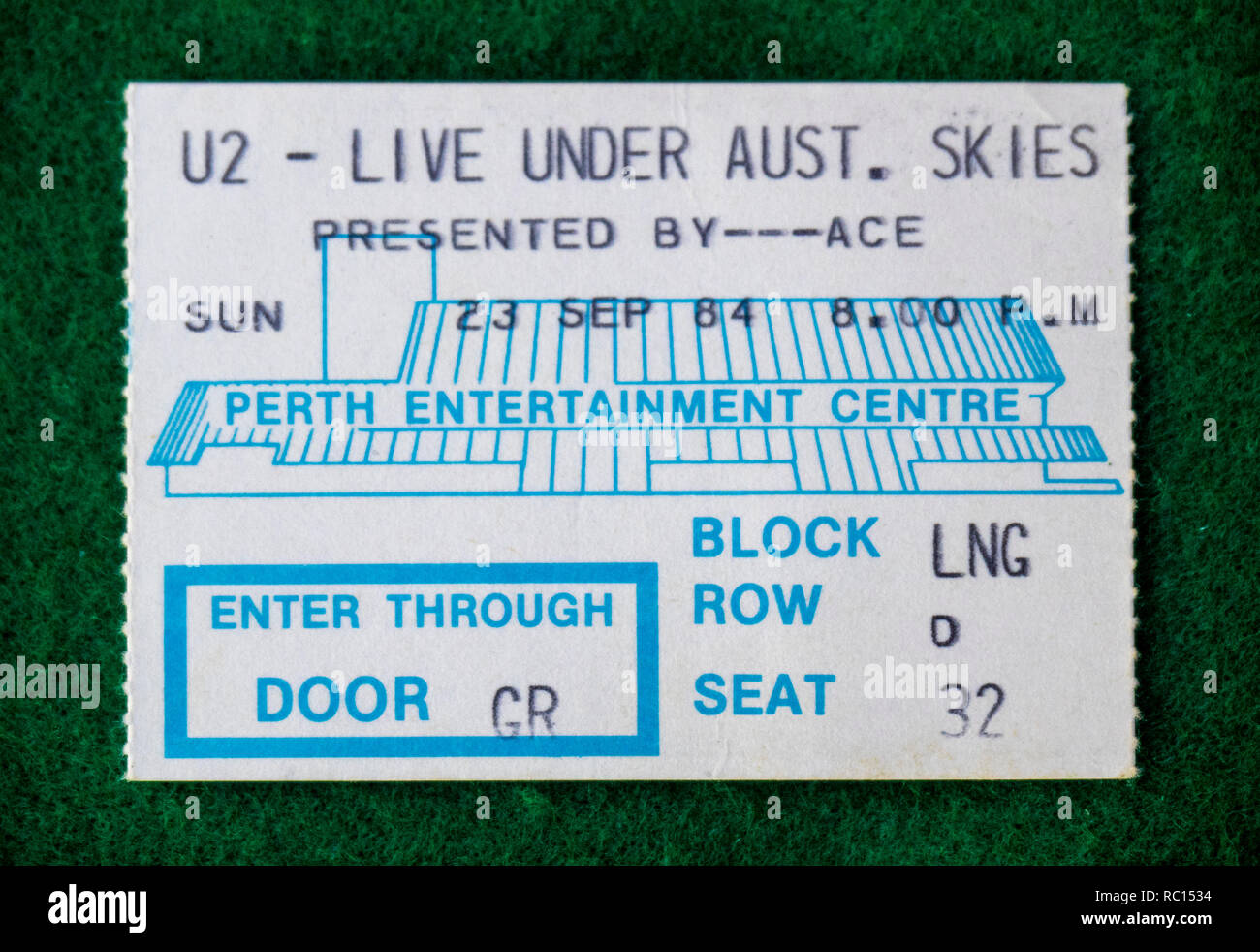 Ticket for U2 concert at Perth Entertainment Centre in 1984 WA Australia. Stock Photo