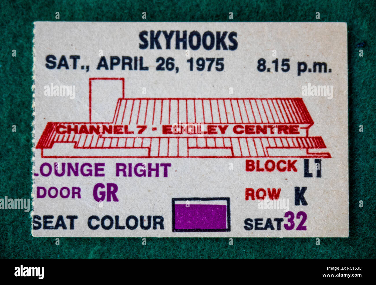 Ticket for Skyhooks concert at Perth Entertainment Centre in 1975 WA Australia. Stock Photo