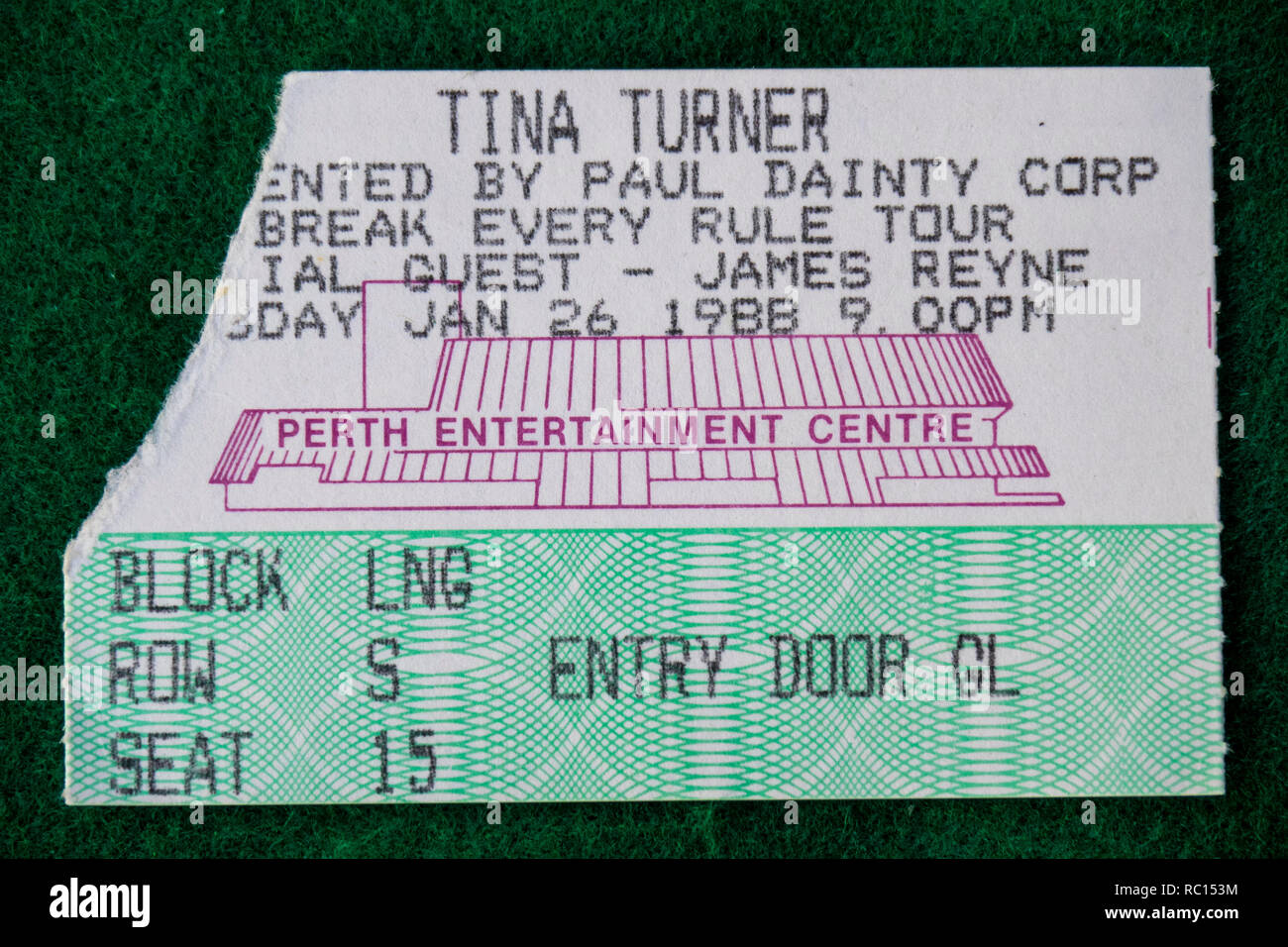 Ticket for Tina Turner concert at Perth Entertainment Centre in 1988 WA Australia. Stock Photo