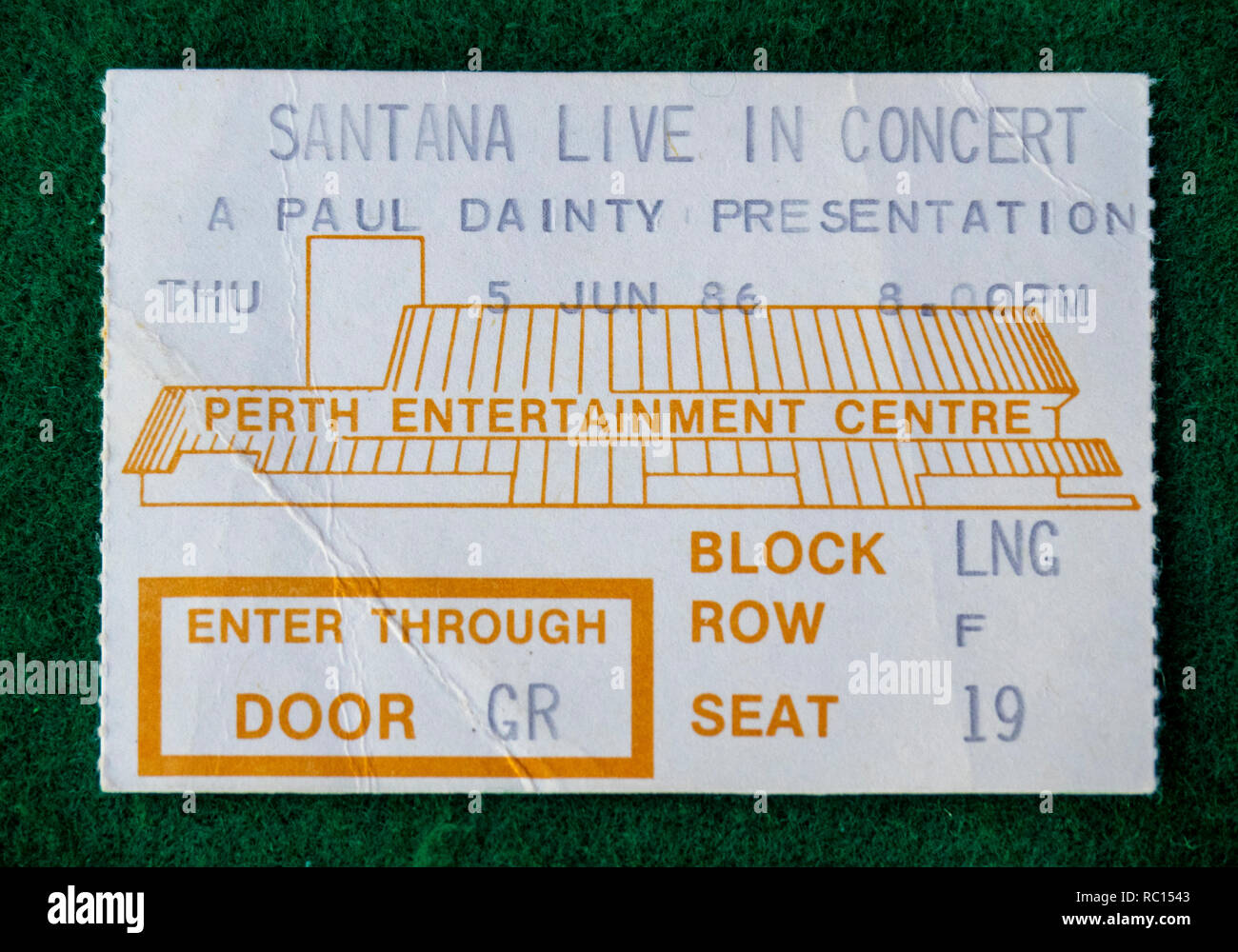 Ticket for Carlos Santana concert at Perth Entertainment Centre in 1986 WA Australia. Stock Photo