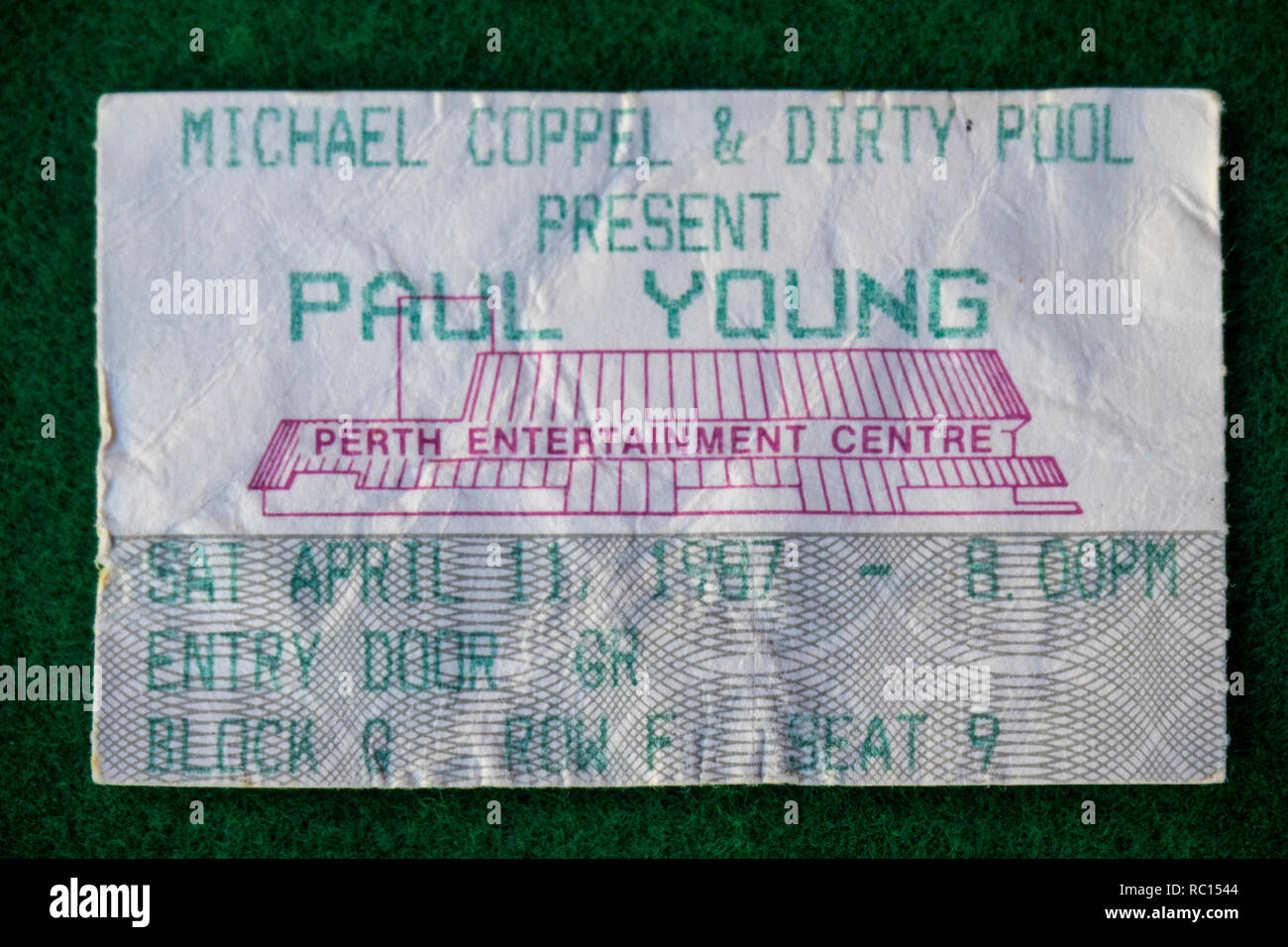 Ticket for Paul Young concert at Perth Entertainment Centre in 1987 WA Australia. Stock Photo