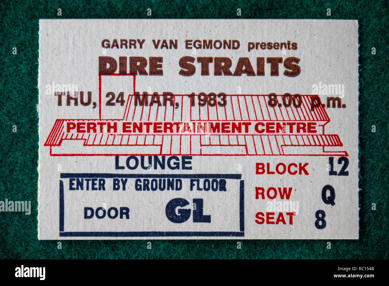 Ticket for Dire Straits concert at Perth Entertainment Centre in 1983 WA Australia. Stock Photo