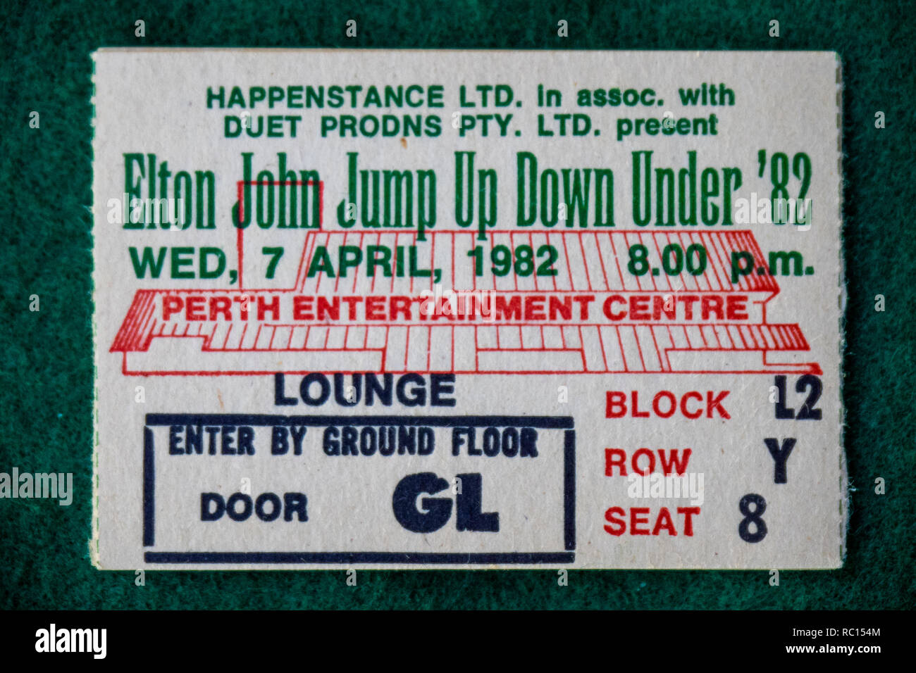 Ticket for Elton John concert at Perth Entertainment Centre in 1982 WA Australia. Stock Photo