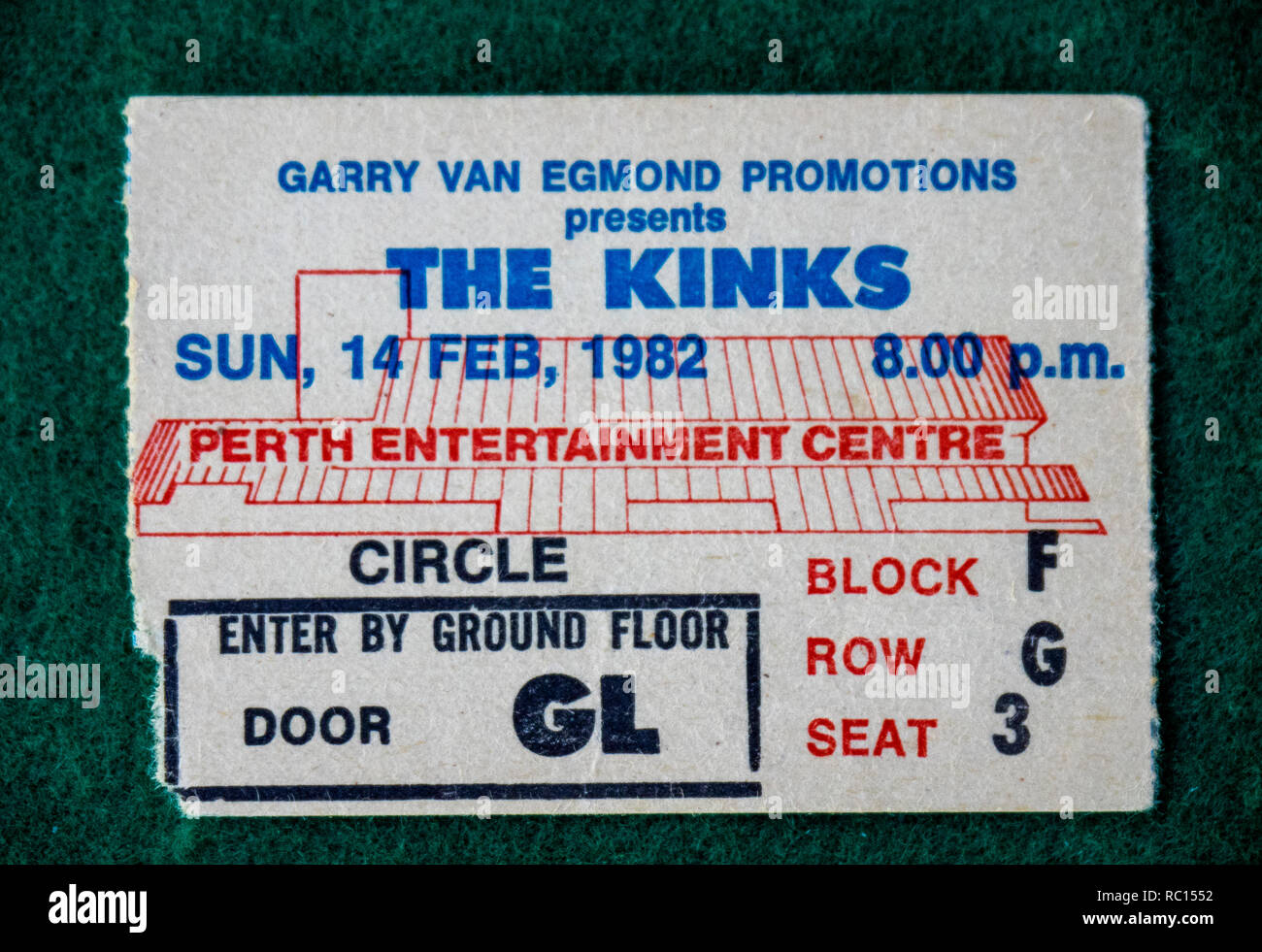 Ticket for The Kinks concert at Perth Entertainment Centre in 1982 WA Australia. Stock Photo
