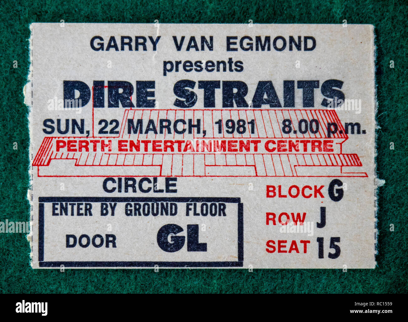 Ticket for Dire Straits concert at Perth Entertainment Centre in 1981 WA Australia. Stock Photo
