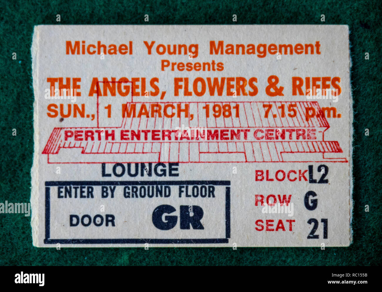 Ticket for The Angels, Flowers and Riffs concert at Perth Entertainment Centre in 1981 WA Australia. Stock Photo