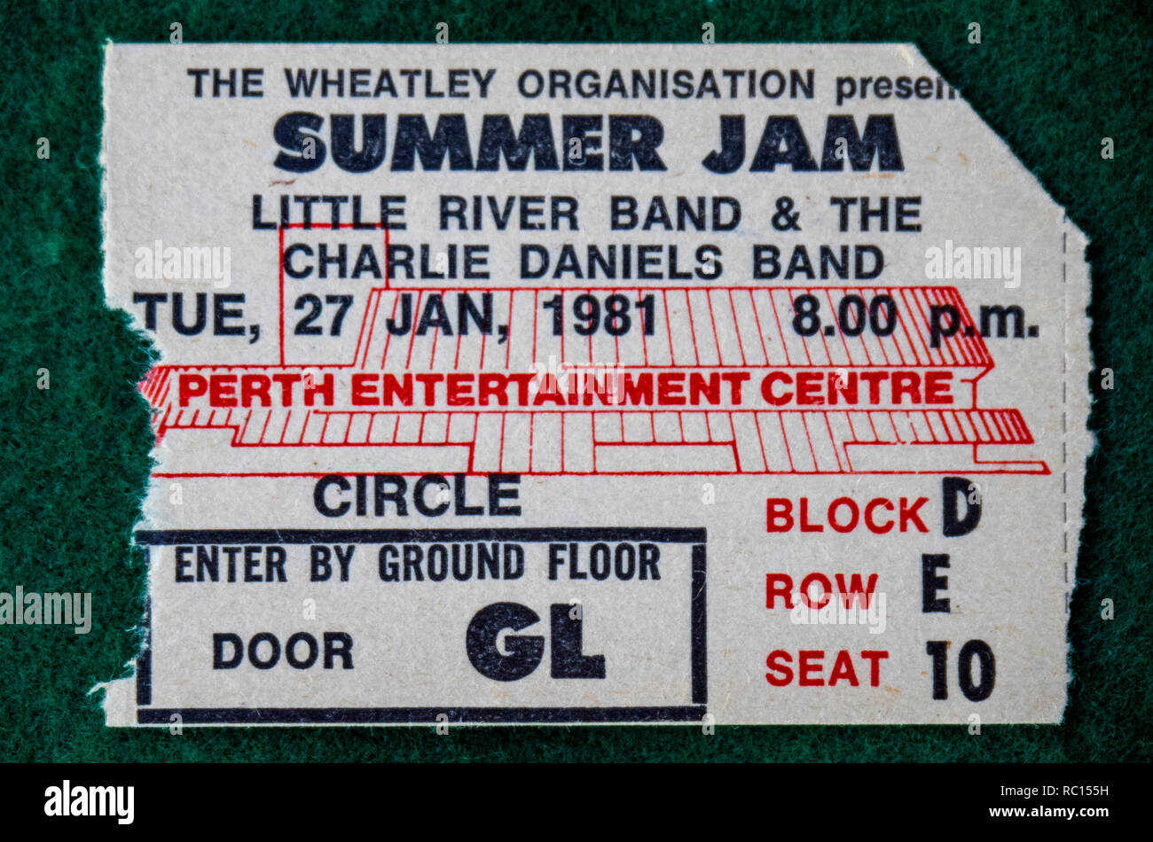 Ticket for Little River Band and Charlie Daniels Band concert at Perth Entertainment Centre in 1981 WA Australia. Stock Photo