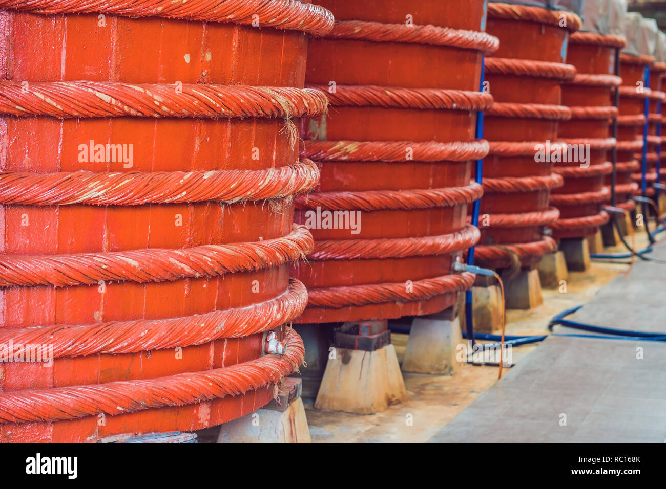 Wooden barrels in a fish sauce factory on Phu Quoc island Stock Photo