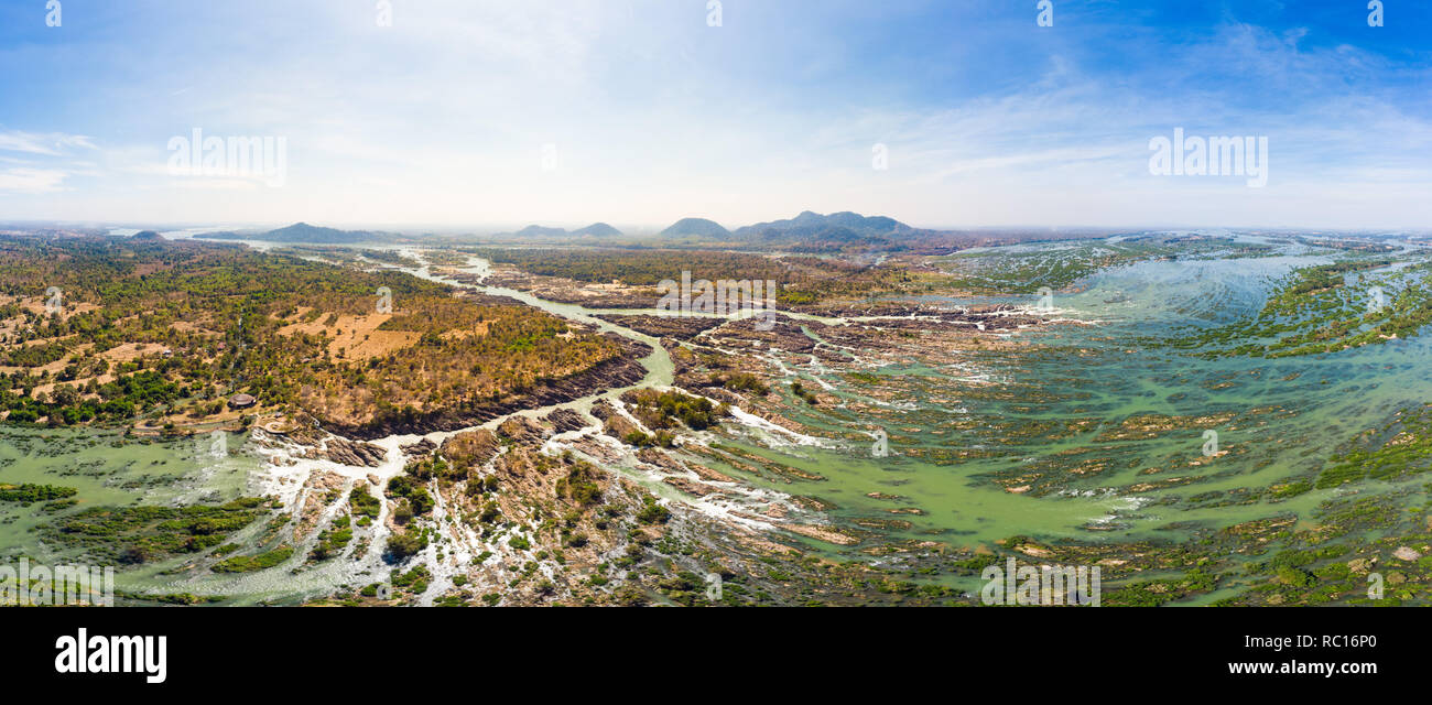 Aerial panoramic 4000 islands Mekong River in Laos, Li Phi waterfalls, famous travel destination backpacker in South East Asia Stock Photo