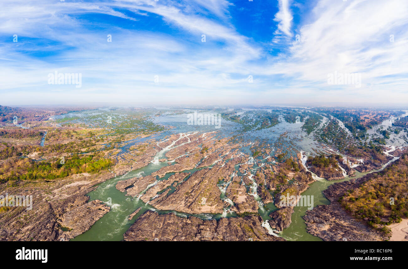 Aerial panoramic 4000 islands Mekong River in Laos, Li Phi waterfalls, famous travel destination backpacker in South East Asia Stock Photo