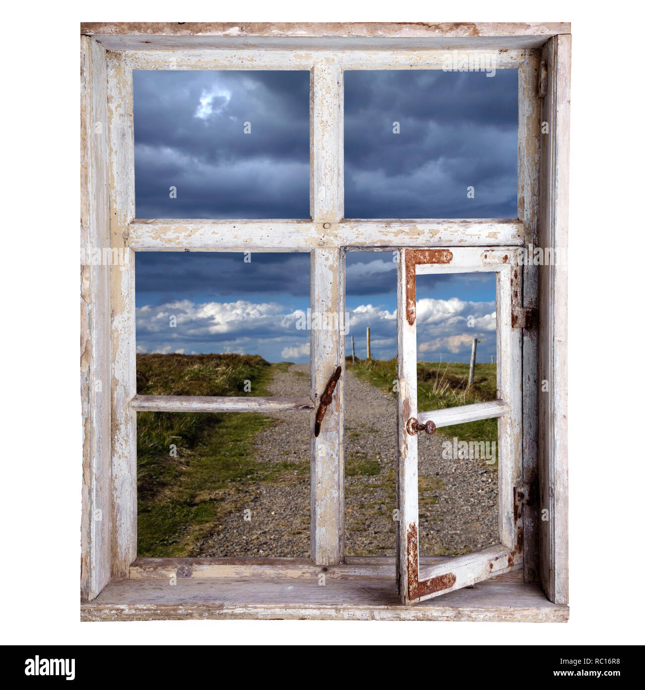 Fenster freigestellt, Blick in die Landschaft Stock Photo