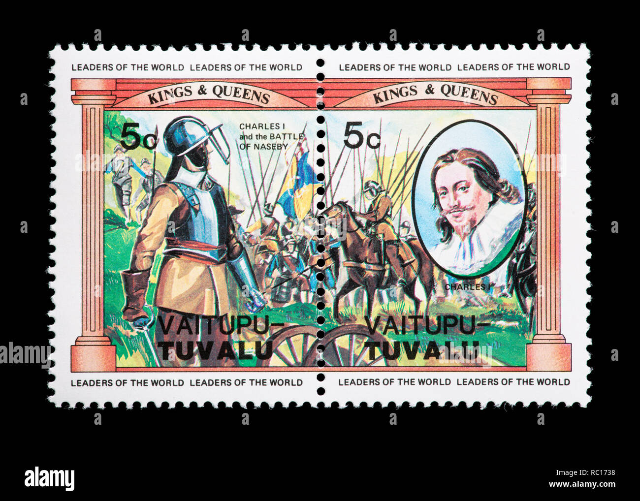 Postage stamp from Vaitupu Tuvalu depicting Charles I and the Battle of Naseby. Stock Photo