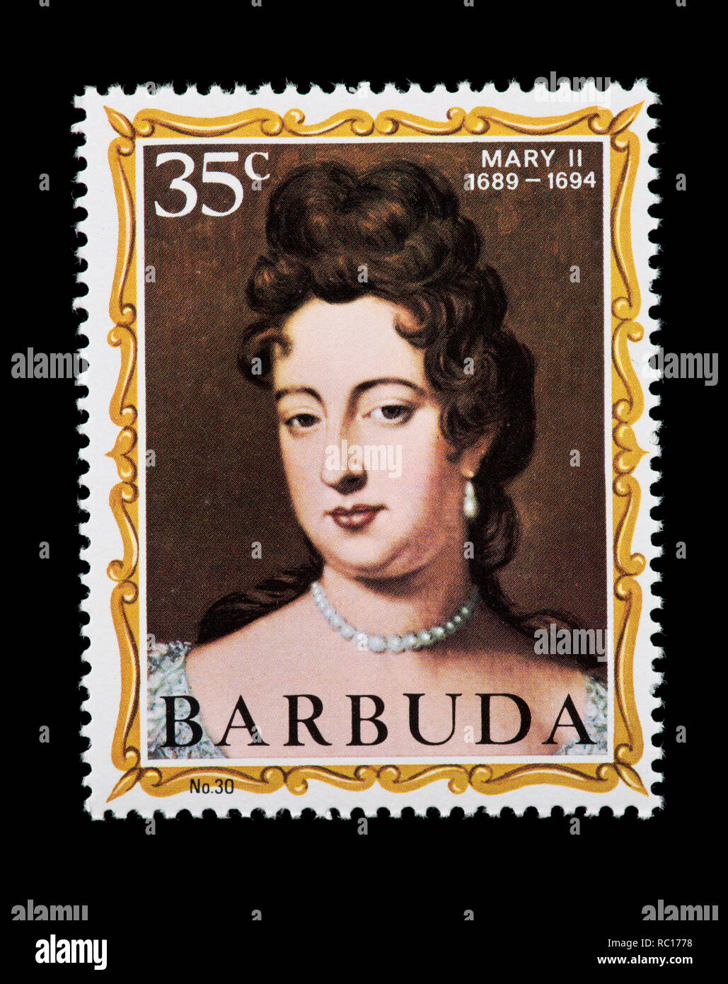 POstage stamp from Barbuda depicting Anne, former queen of England Stock Photo