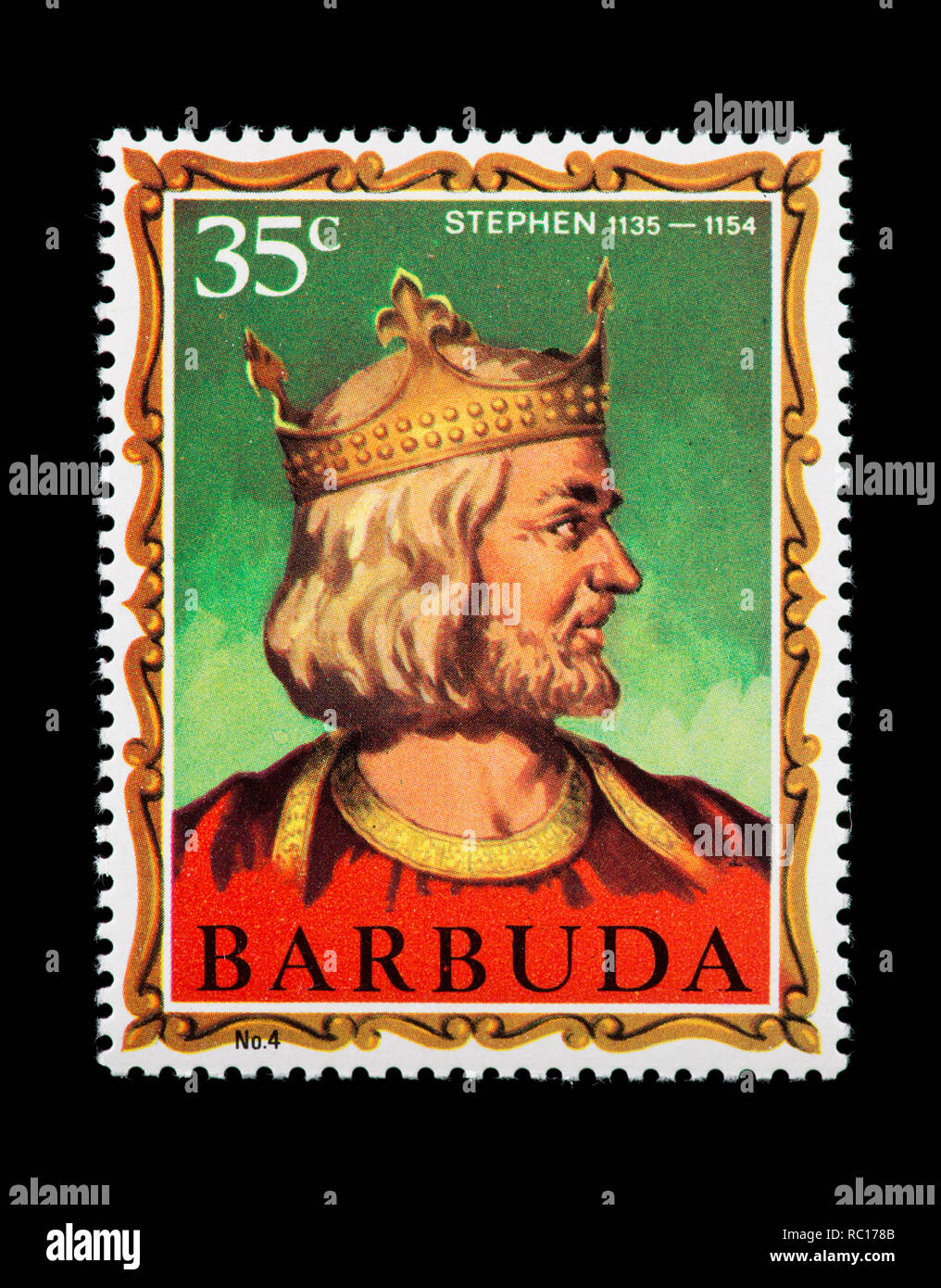 Postage stamp from Barbuda depicting Stephen, former king of England Stock Photo