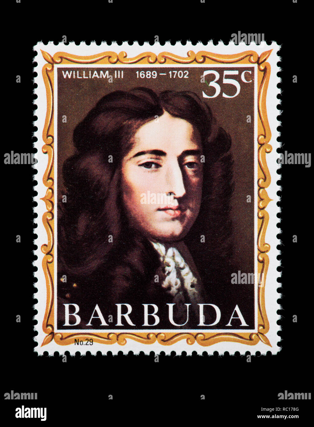 Postage stamp from Barbuda depicting William III, former king of England Stock Photo