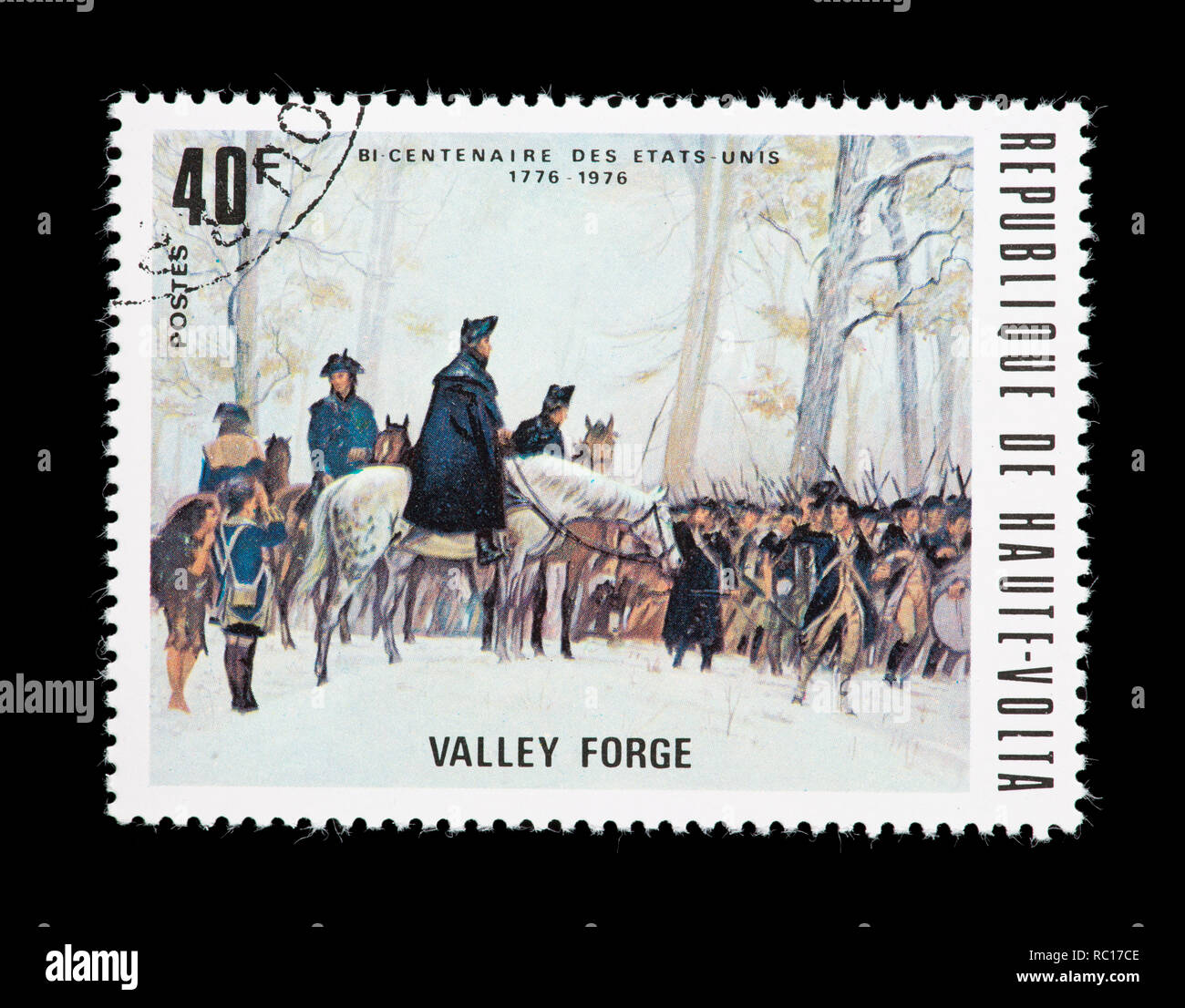 Postage stamp from Upper Volta (Burkina Faso) depicting Washington reviewing troops at Valley Forge, United States bicentennial. Stock Photo