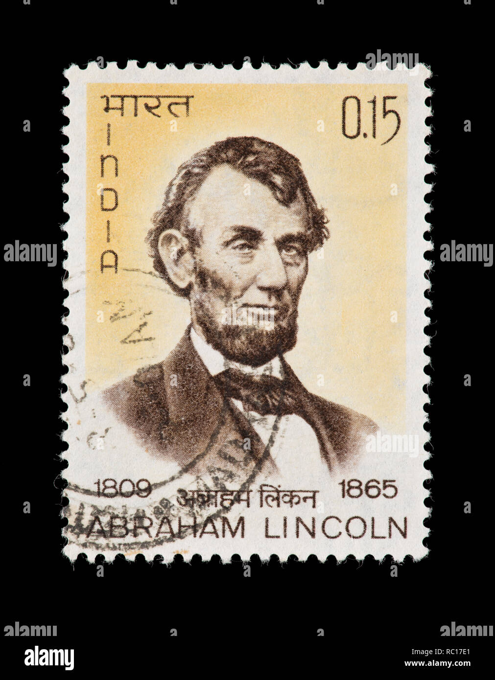 Postage stamp fro India depicting Abraham Lincoln, centennial of death. Stock Photo