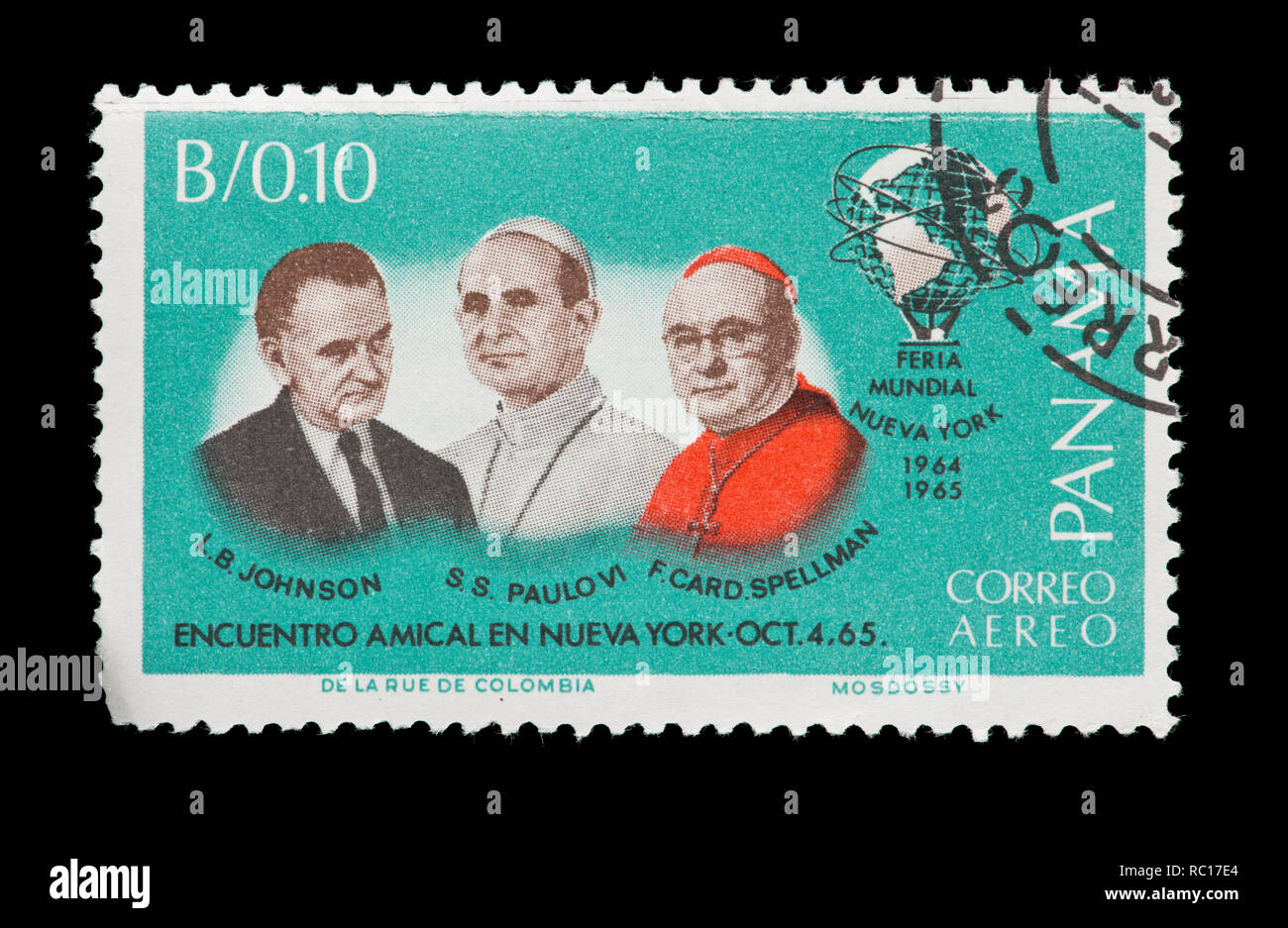 Postage stamp from Panama depicting Lyndon Johnson, Pope Paul VI and Francis Cardinal Spellman,, Pope Paul's visit to the United Nations Stock Photo