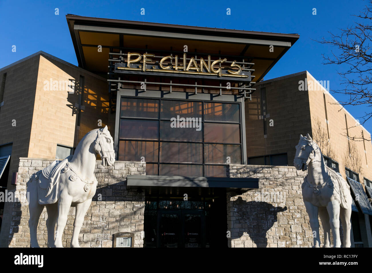 A logo sign outside of a P. F. Chang's China Bistro restaurant in Columbia, Maryland on January 11, 2019. Stock Photo