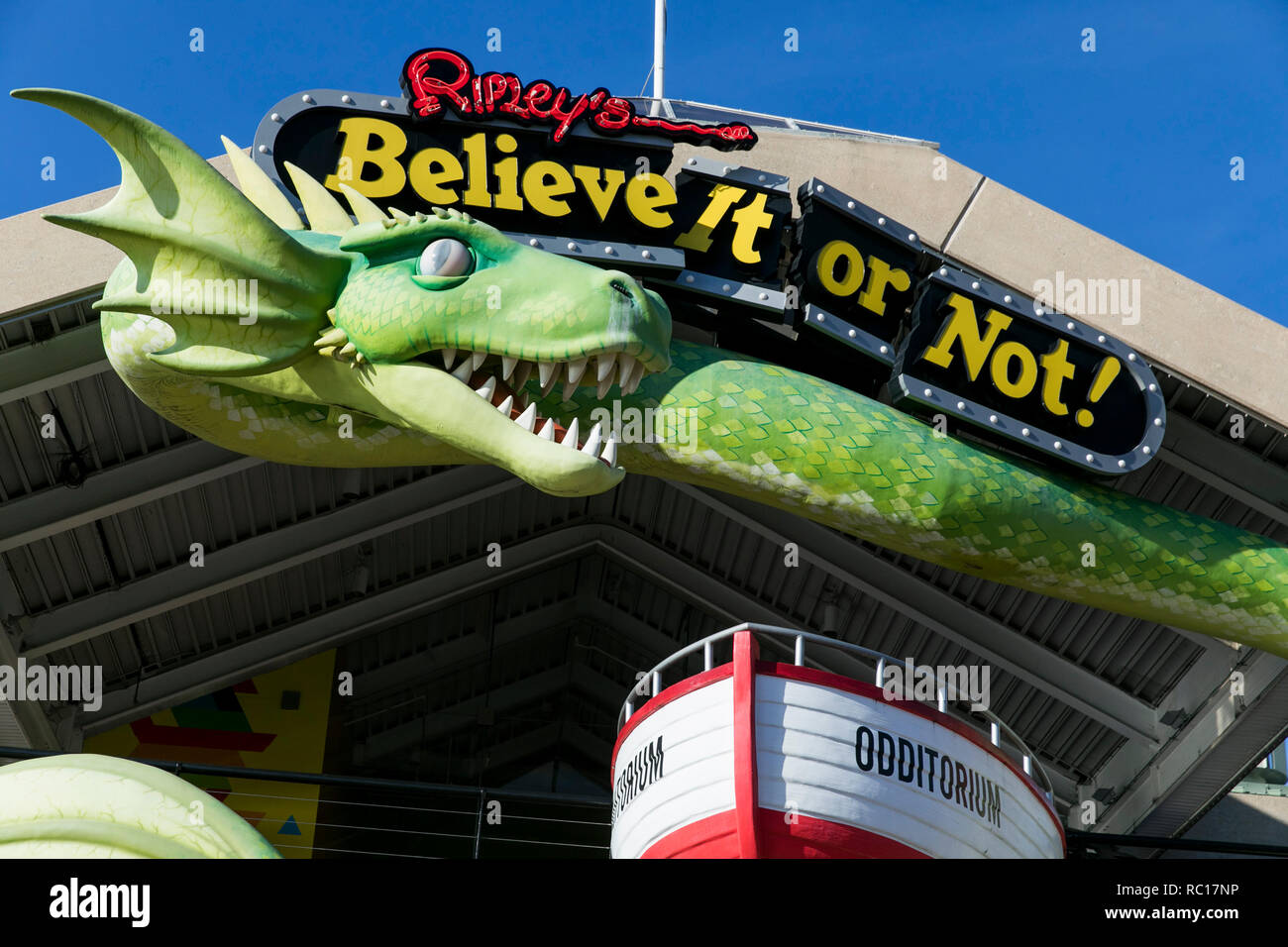 A logo sign outside of a Ripley's Believe It or Not location in Baltimore, Maryland on January 11, 2019. Stock Photo