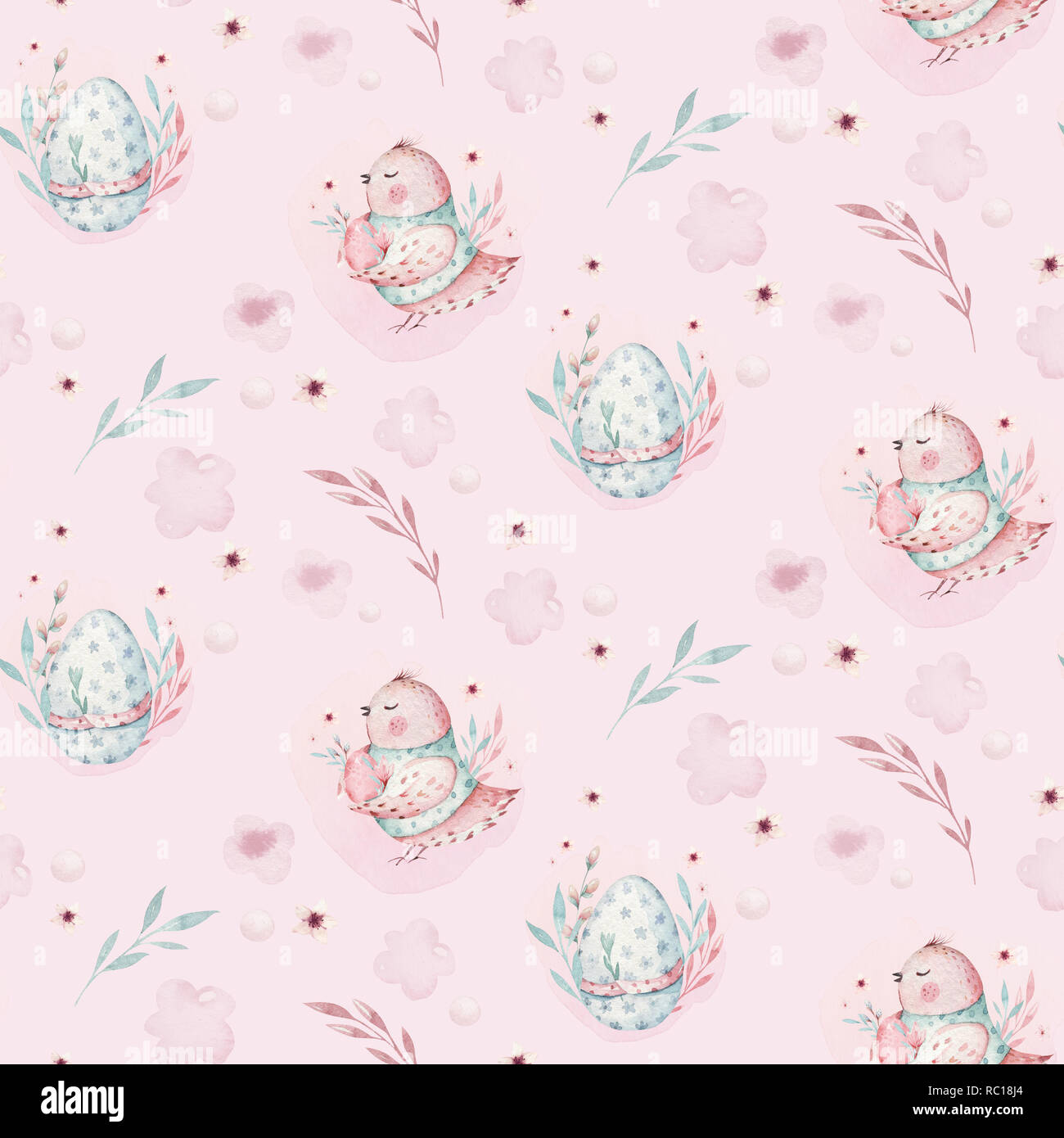 A watercolor spring illustration of the cute easter baby bird and eggs. Egg cartoon animal seamless pink fabric pattern Stock Photo