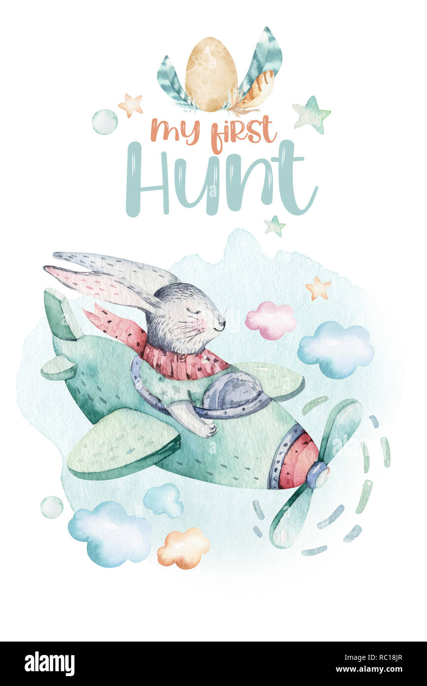 Hand drawing fly cute easter pilot bunny watercolor cartoon bunnies with airplane in the sky