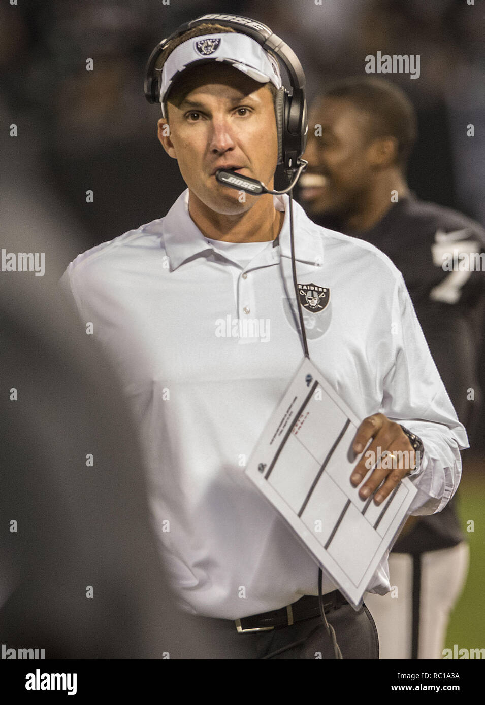 Oakland, California, USA. 15th Aug, 2014. August 15, 2014 Raiders head coach Dennis Allen on Friday, August 15, 2014, at O.co Coliseum in Oakland, California. The Raiders defeated the Lions 27-26 in a preseason game. Credit: Al Golub/ZUMA Wire/Alamy Live News Stock Photo