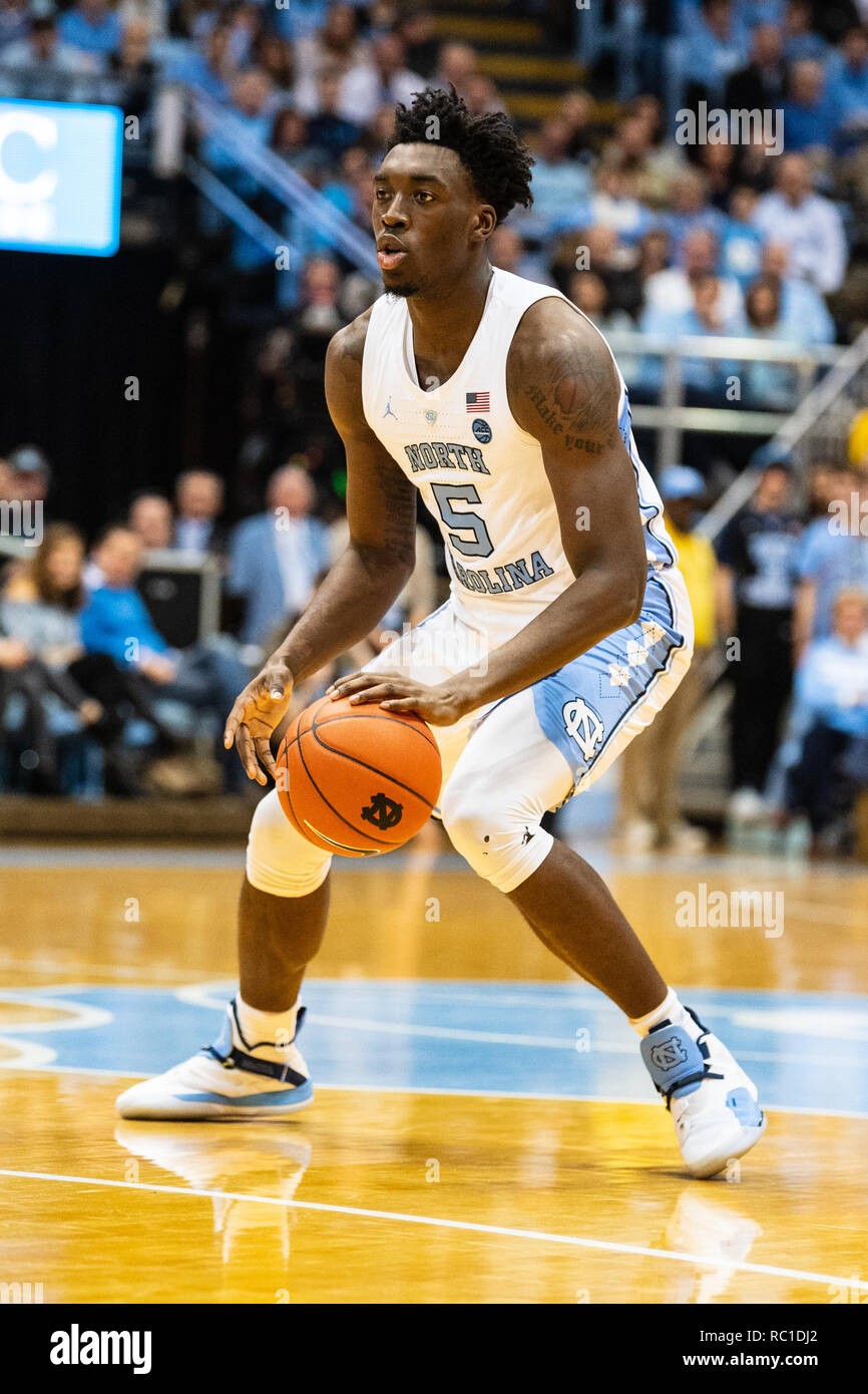 USA, 12th January 2019. North Carolina Tar Heels forward Nassir Little (5)  during the NCAA College Basketball game between the Louisville Cardinals  and the North Carolina Tar Heels at the Dean E.