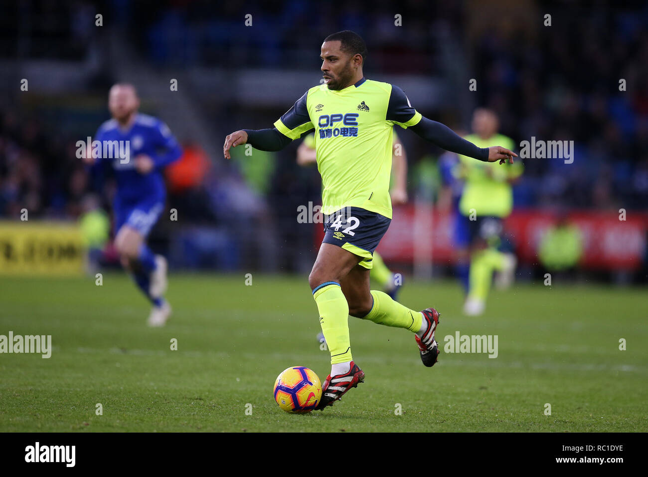 Cardiff, UK. 12th January 2019. Jason Puncheon of Huddersfield Town in action.Premier League match, Cardiff City v Huddersfield Town at the Cardiff City Stadium on Saturday 12th January 2019.  this image may only be used for Editorial purposes. Editorial use only, license required for commercial use. No use in betting, games or a single club/league/player publications. pic by  Andrew Orchard/Andrew Orchard sports photography/Alamy Live news Stock Photo