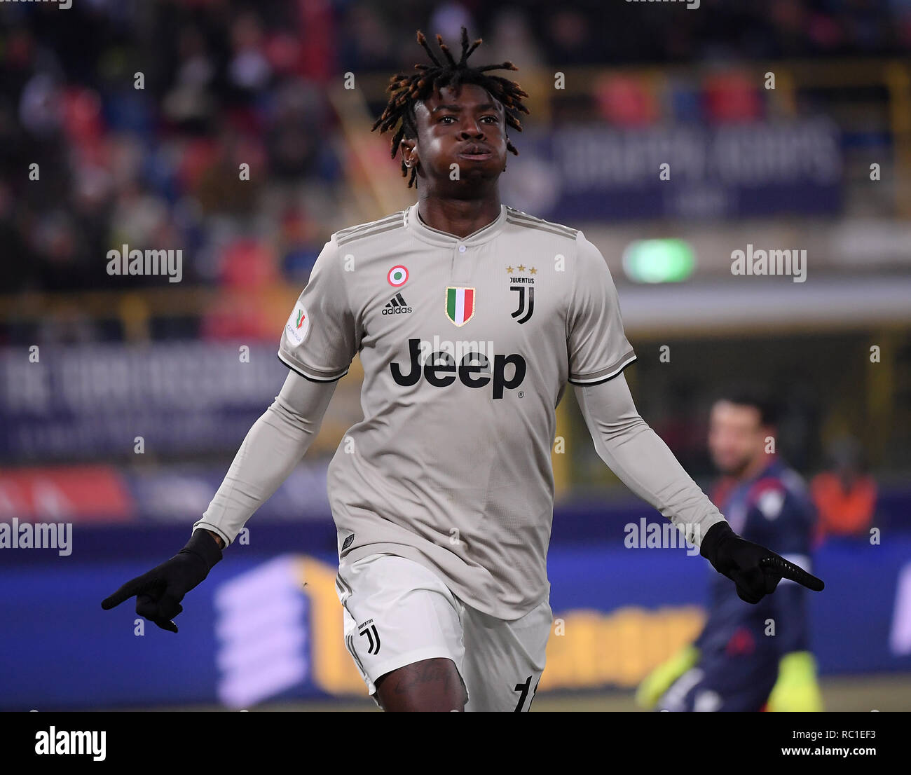 Bologna, Italy. 12th Jan, 2019. Juventus's Moise Kean celebrates during the  Italian Cup Round of 16 soccer match between FC Juventus and Bologna in  Bologna, Italy, Jan. 12, 2019. FC Juventus won