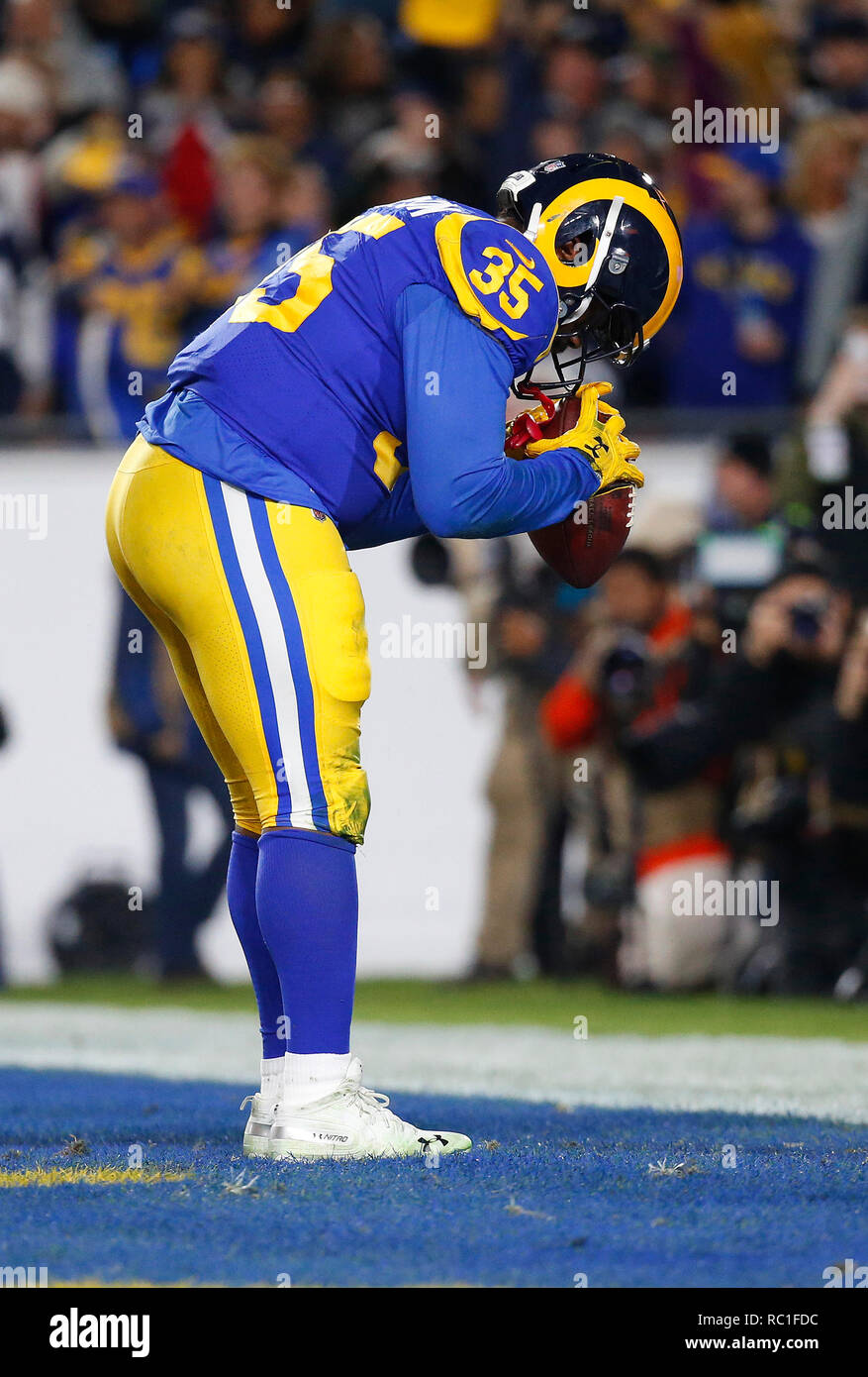 Los Angeles, California, USA. January 12, 2019 Los Angeles Rams running back C.J. Anderson #35 celebrates after scoring a touchdown during the NFC Divisional Round playoff game between the game between the Los Angeles Rams and the Dallas Cowboys at the Los Angeles Coliseum in Los Angeles, California. Charles Baus/CSM. Credit: Cal Sport Media/Alamy Live News Stock Photo