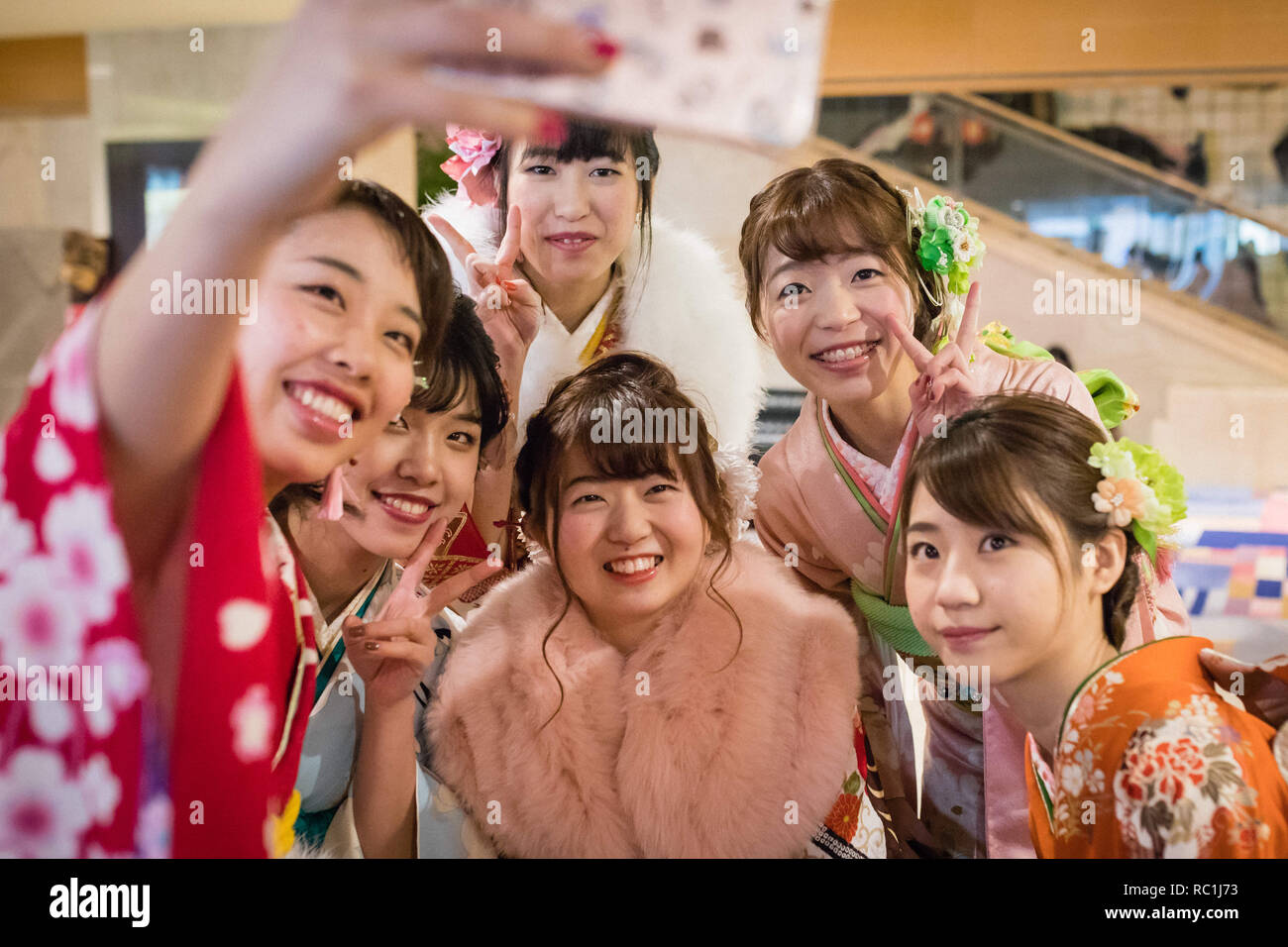 Nagoya, Japan. 13th January 2019. Girls seen wearing kimono taking