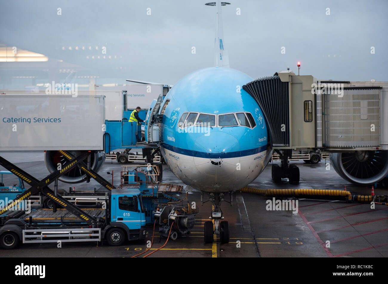 KLM Royal Dutch Airlines plane is seen at Amsterdam Schiphol Airport runway. Stock Photo