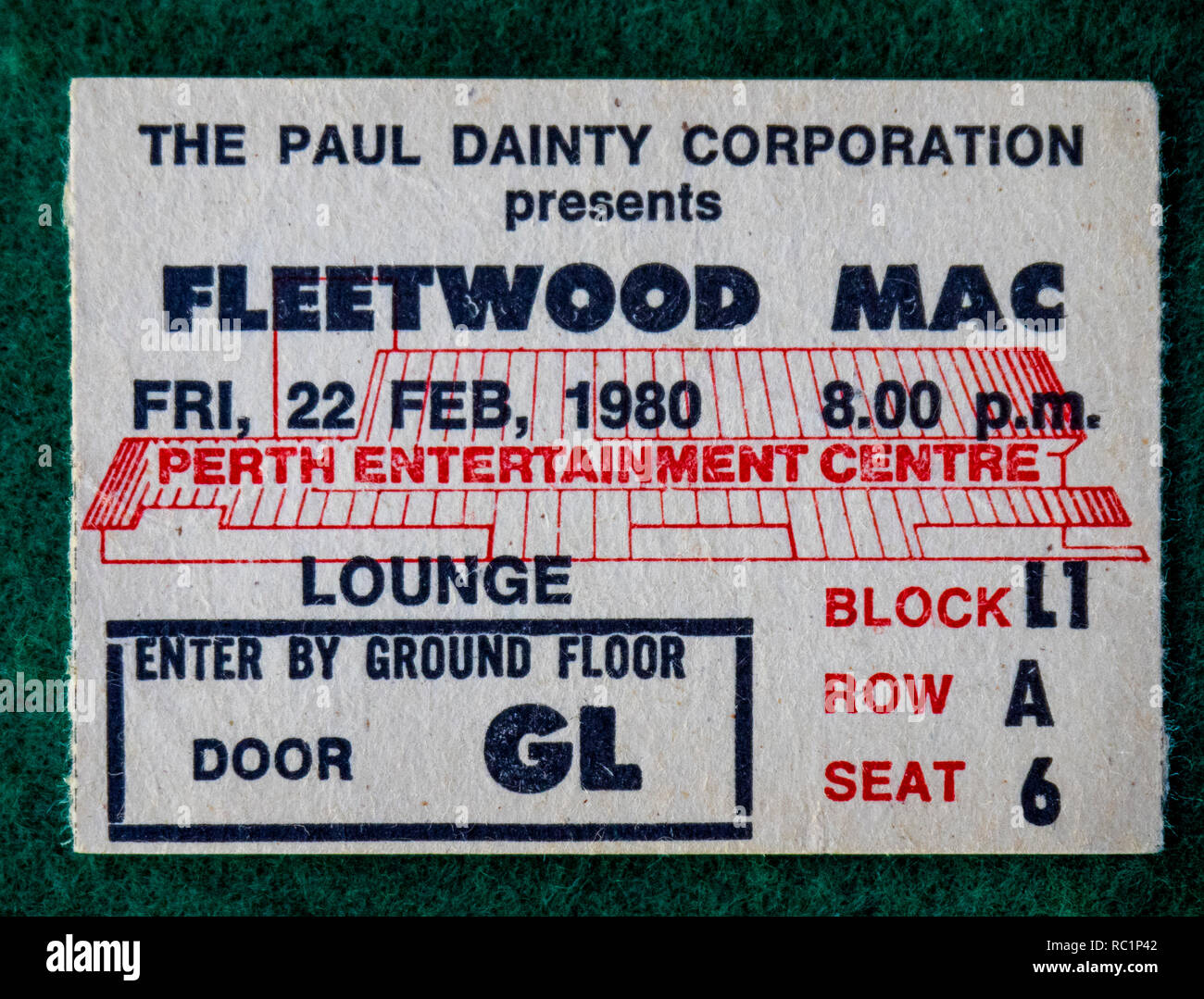 Ticket for Fleetwood Mac concert at Perth Entertainment Centre in 1980 WA Australia. Stock Photo