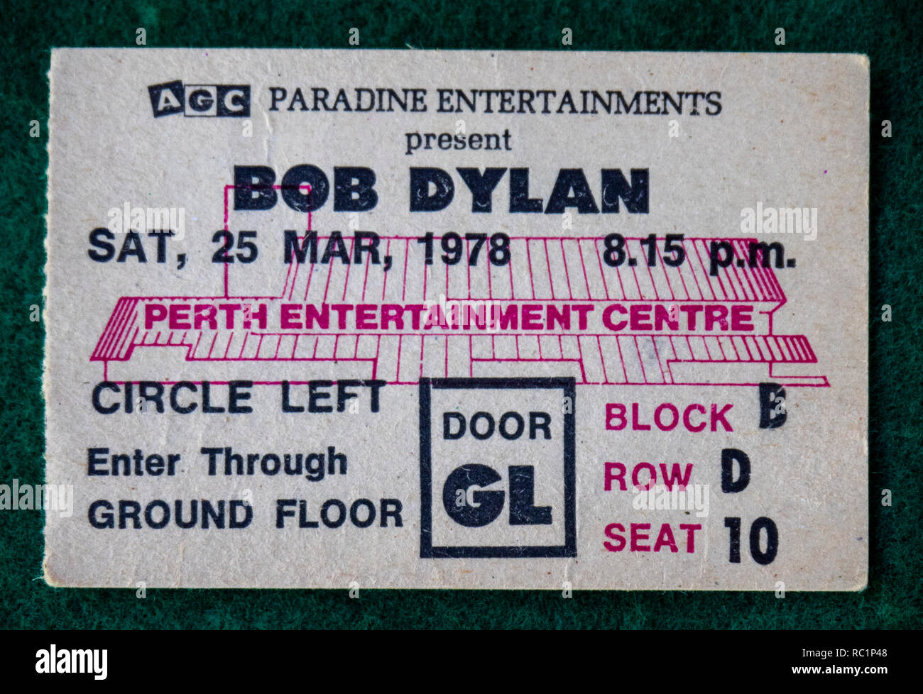 Ticket for Bob Dylan concert at Perth Entertainment Centre in 1978 WA Australia. Stock Photo