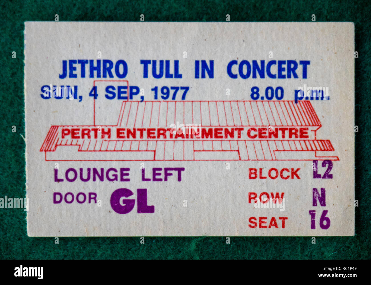 Ticket for Jethro Tull concert at Perth Entertainment Centre in 1977 WA Australia. Stock Photo